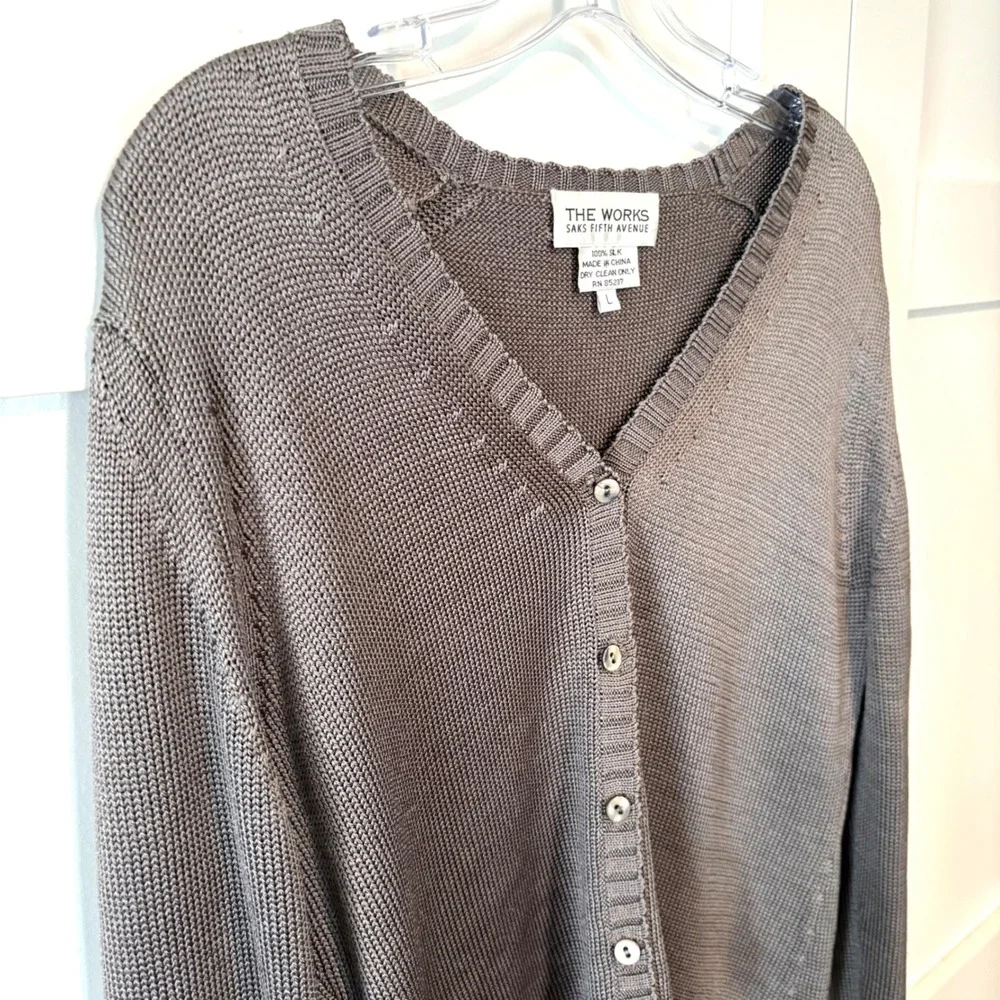 The Works Saks Fifth Avenue Grey Vintage Luster Silk Cardigan‎ in Size L